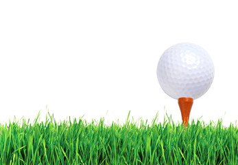 Golf ball on green grass over white background