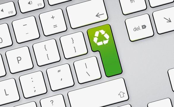 recycling icon, button on white keyboard