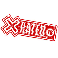 Rubber stamp illustration showing "X RATED" text and 18 symbol