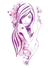 Poster Im Rahmen Abstraktes schönes Mädchen mit violetten Blumen und Schmetterlingen © Anna Laifalight