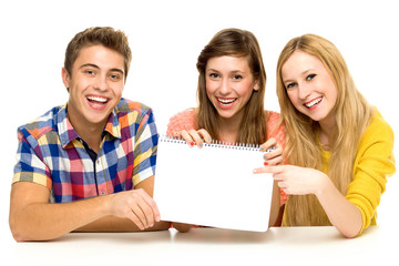 Group of friends holding blank paper