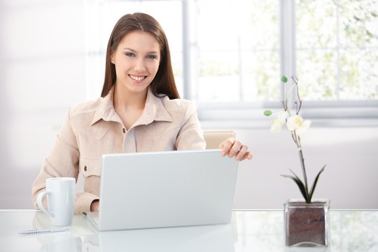 Pretty female using laptop at home smiling