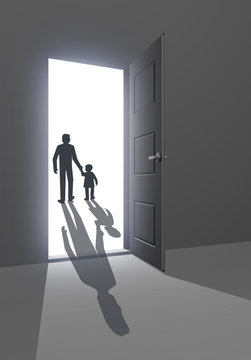 Silhouette of father and child walking away