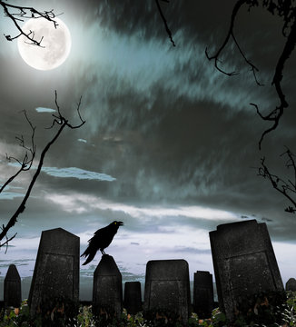 Dark cemetery with raven silhouette