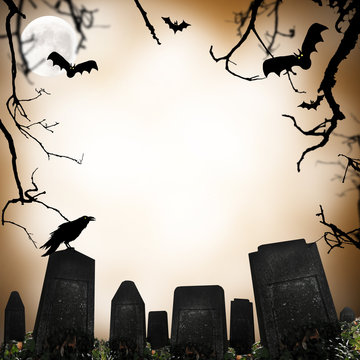 horror scene with cemetery, nrave and bats silhouettes