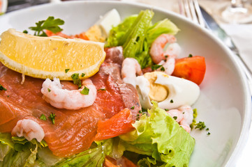 Fresh seafood salad with smoked salmon