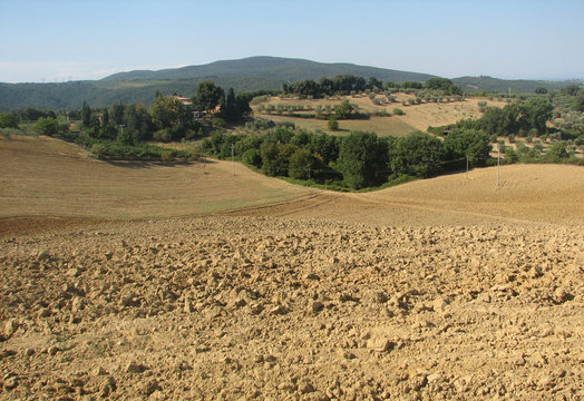 land of ploughed fields in the hills of Tuscany in summer