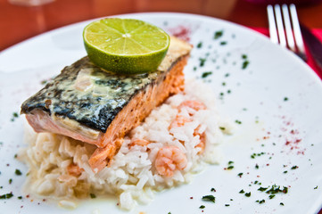 grilled salmon and rice-french cuisine dish