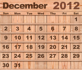 Wood calendar Set of Year 2012 December