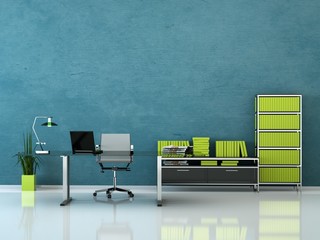 Bürodesign - Büro mit Schreibtisch blau grün - 35686935