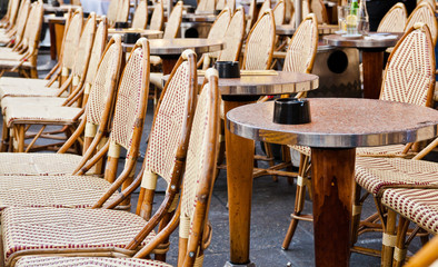 Street view of a Cafe terrace with tables and chairs,paris Franc