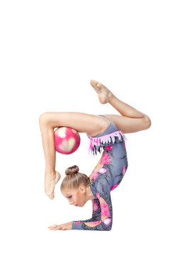 Young girl stand on hands with ball isolated