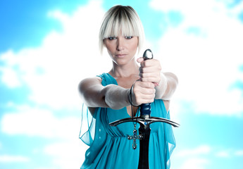 woman with sword and cross