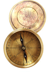 Old  brass compass on white