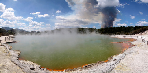 Waldbrand im Wai-o-Tapu Geothermal Gebiet