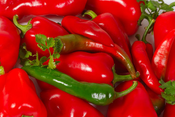 Red fresh tasty bell peppers and chili closeup