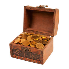 an old trunk with shiny coins