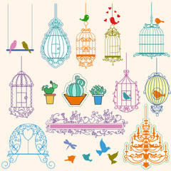 Oiseaux et cages clipart vintage.