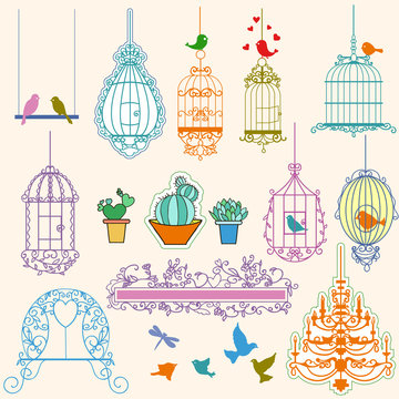 Birds and cages vintage clipart.