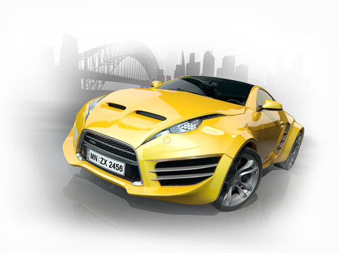 Yellow sports car against an urban background