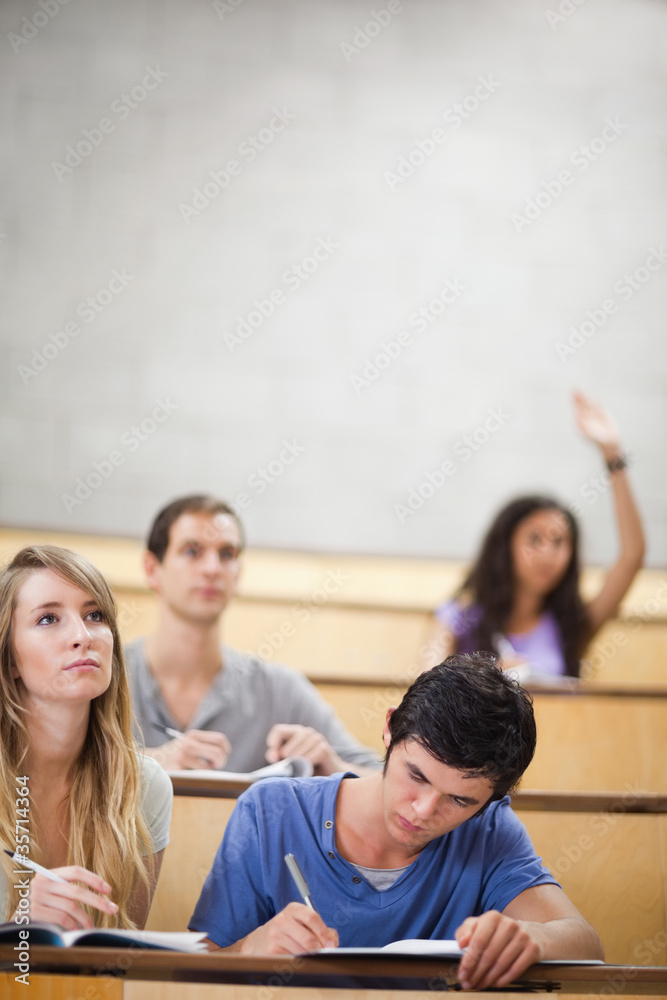 Poster portrait of students taking notes while their classmate is raisi