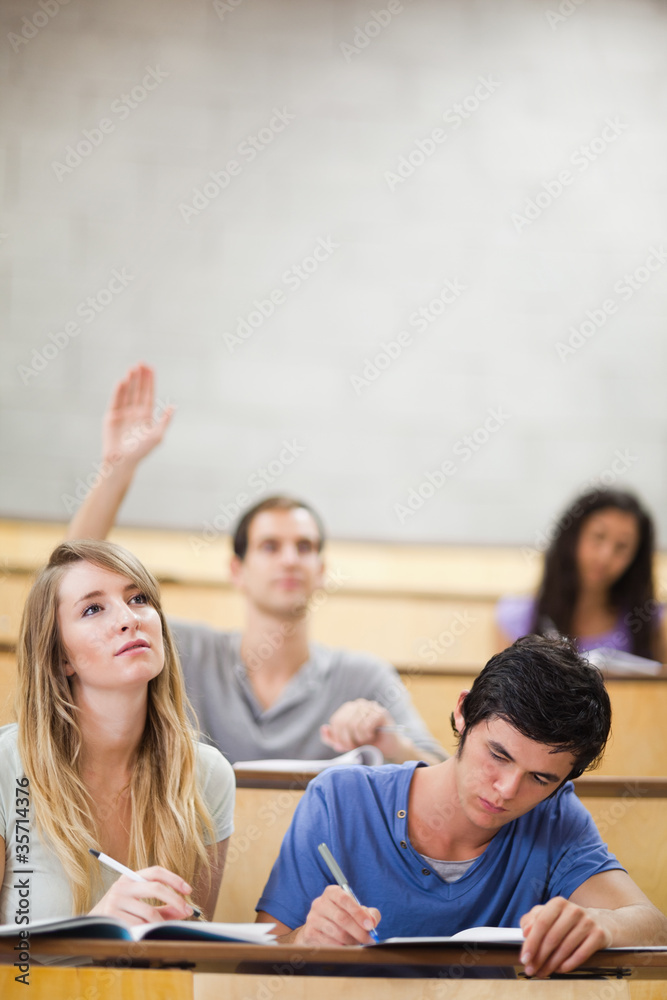 Poster portrait of students taking notes while their classmate is raisi