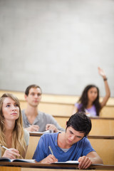 Portrait of students taking notes while their classmate is raisi