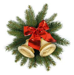 Two golden bells with the red big bow