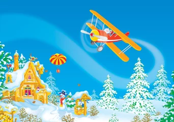 Poster Kerstman vliegt in zijn vliegtuig © Alexey Bannykh