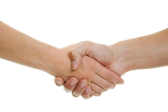 Business handshake on a white background.