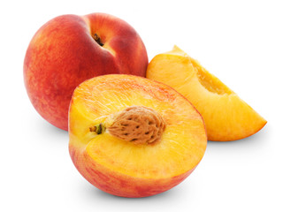 fresh peach fruits and half. Isolated on white background