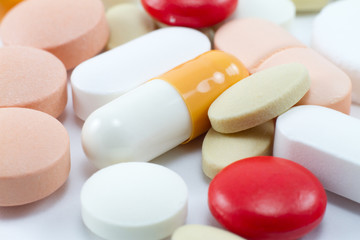 Several medical pills and capsules macro