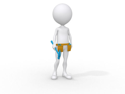 young handyman with tool belt and his hammer, 3d image