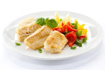 Crédence de cuisine en verre imprimé Plats de repas Plat de poisson - filets de poisson frits et légumes