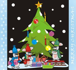 Merry Christmas, Christmas card with tree and mice, funny vector illustration