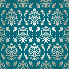 Seamless Damask Pattern Flowers & Leafs Turquoise/Gold