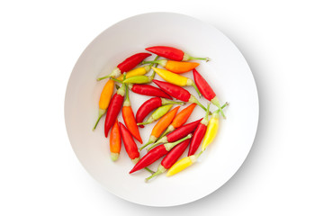 colorful chili peppers plate isolated