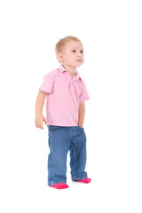 Little boy hold hand in pocket look up isolated over white