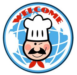 Winked Chef Man Face Cartoon Logo In Front Globe