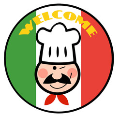 Winking Chef Face Over A Welcome Italian Flag Circle