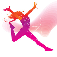 The dancer. Colorful silhouette with lines and sprays on abstrac - 35744544