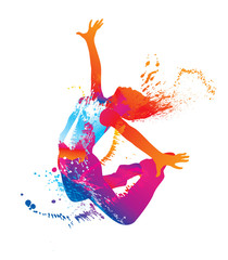 The dancing girl with colorful spots and splashes on white - obrazy, fototapety, plakaty