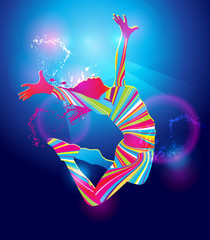 The colorful dancing girl on blue background. Vector
