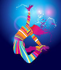 The colorful dancing girl on blue background. Vector
