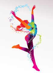 The dancing girl with colorful spots and splashes on a light bac - obrazy, fototapety, plakaty