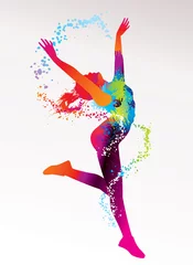 Fotobehang Het dansende meisje met kleurrijke vlekken en spatten op een lichte achtergrond © vikidi