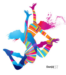 Two dancing girls with colorful spots and splashes on white