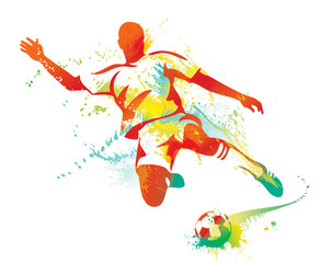 Soccer player kicks the ball. Vector illustration. - obrazy, fototapety, plakaty