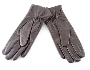 Two black leather gloves ower white background