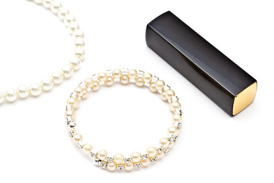 Pearl bracelet ,necklace and listick